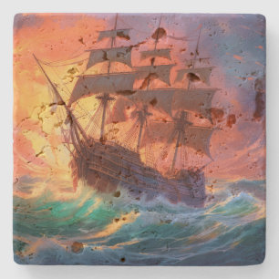 Porta-copo De Pedra Navio à Vela em um Mar Tempestuoso
