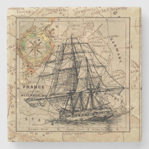 Porta-copo De Pedra Navio Vintage e velho mapa europeu