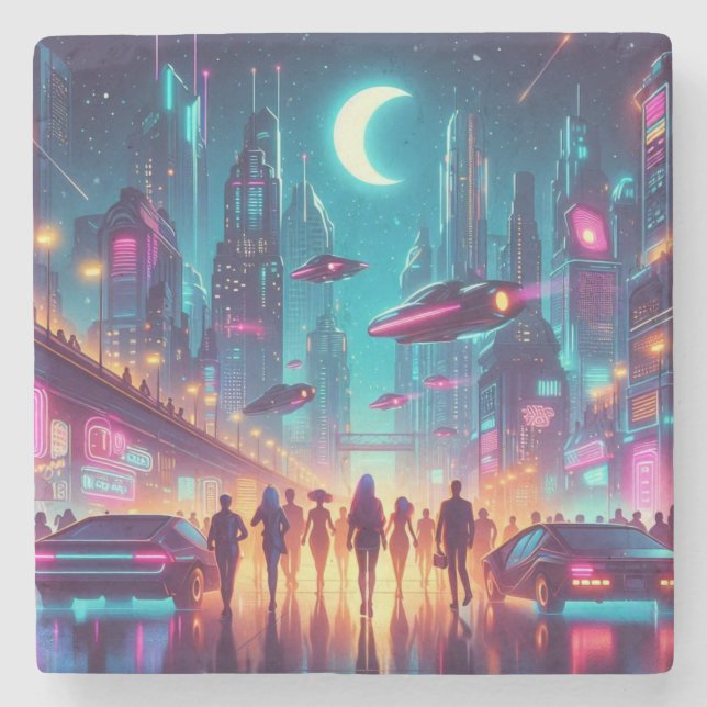 Porta-copo De Pedra Neon Cityscape (Frente)