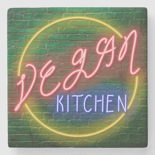 Porta-copo De Pedra Neon Vegan Kitchen Sign (Frente)