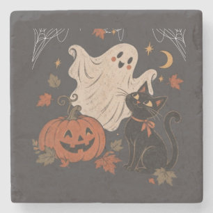 Porta-copo De Pedra Noite de Halloween Vintage com Abóbora e Fantasma