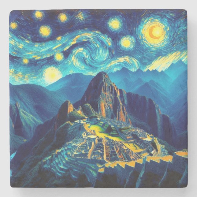 Porta-copo De Pedra Noite Estrelada Machu Picchu Peru (Frente)
