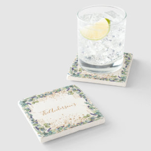 Porta-copo De Pedra Nome da família em brilho dourado com verde de euc