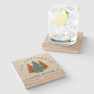 Porta-copo De Pedra Nome da família Lago House Pine Tree Personalizado