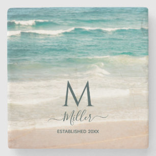 Porta-copo De Pedra Nome da família Monograma Beach Waves House Rua E