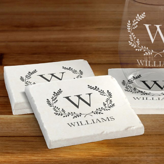 Porta-copo De Pedra Nome da família Monograma Laurel Wreath Crest (Criador carregado)