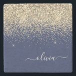 Porta-copo De Pedra Nome da Rapariga do Monograma de Script Azul do Ma<br><div class="desc">Azulejo de Pedra do Nome do Script de Letra Glitter do Espelho Azul e Dourado do Sparkle. Isso faz a formatura perfeita, doce aniversário de 16 anos, casamento, chá de panela, aniversário, chá de fraldas ou presente de festa de solteira para alguém que ama luxo de vidro e estilos quicos....</div>