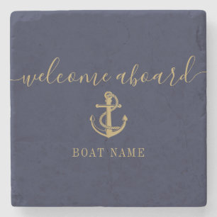 Porta-copo De Pedra Nome de Barco Náutico Azul Marinho Dourado Bem-vin