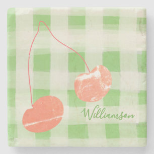 Porta-copo De Pedra Nome de Cueta Monograma Gingham Pastel Cereja Verd
