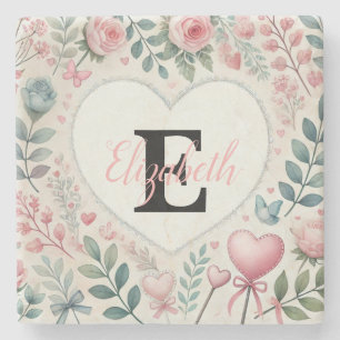 Porta-copo De Pedra Nome do monograma Corações de vintage aquarela flo