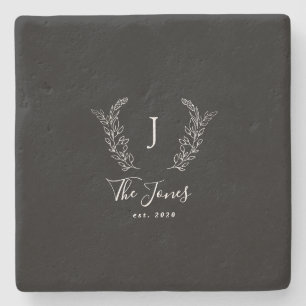 Porta-copo De Pedra Nome do monograma da família personalizado preto e