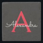 Porta-copo De Pedra Nome do Monograma da Rapariga do Script Preto Verm<br><div class="desc">Azulejo de Pedra do Nome do Script Simples Preto e Vermelho. Isso faz a formatura perfeita,  doce aniversário de 16 anos,  casamento,  chá de panela,  aniversário,  chá de fraldas ou presente de festa de solteira para alguém que ama luxo de vidro e estilos quicos.</div>