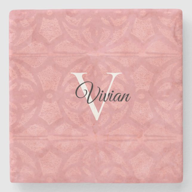 Porta-copo De Pedra Nome do Monograma de Aquarela Rosa Ruddy (Frente)