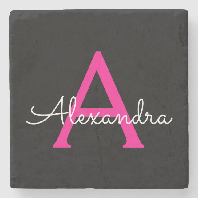 Porta-copo De Pedra Nome do Monograma Girly Black Script Hot-Pink (Frente)