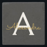 Porta-copo De Pedra Nome do Monograma Rapariga de Script Moderno Doura<br><div class="desc">Azulejo de Pedra de Nome do Monograma Simples Preto e Dourado. Isso faz a formatura perfeita,  doce aniversário de 16 anos,  casamento,  chá de panela,  aniversário,  chá de fraldas ou presente de festa de solteira para alguém que ama luxo de vidro e estilos quicos.</div>