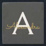 Porta-copo De Pedra Nome do Monograma Rapariga de Script Moderno Doura<br><div class="desc">Azulejo de Pedra de Nome do Monograma Simples Preto e Dourado. Isso faz a formatura perfeita,  doce aniversário de 16 anos,  casamento,  chá de panela,  aniversário,  chá de fraldas ou presente de festa de solteira para alguém que ama luxo de vidro e estilos quicos.</div>