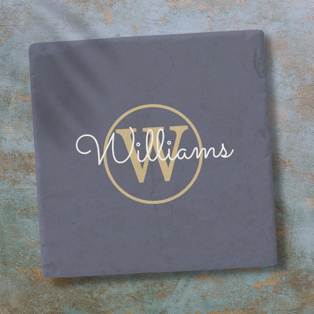 Porta-copo De Pedra Nome do Script do Monograma Dourado Azul do marinh (Navy Blue Gold Monogram Script Name Stone Coaster)