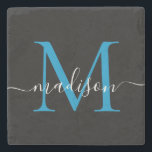 Porta-copo De Pedra Nome do Script Feminino do Monograma Azul Preto Mo<br><div class="desc">Elegante Oceano Negro Brilhante Monograma Azul Monograma Feminina Nome Porta copos Pedra</div>