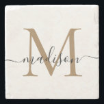 Porta-copo De Pedra Nome do Script Feminino do Monograma Negro Dourado<br><div class="desc">Elegante Dourado Monograma Preto Nome do Script Feminino de Pedra Porta copos</div>