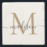 Porta-copo De Pedra Nome do Script Feminino do Monograma Negro Dourado<br><div class="desc">Elegante Dourado Monograma Preto Nome do Script Feminino de Pedra Porta copos</div>
