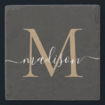 Porta-copo De Pedra Nome do Script Feminino do Monograma Preto Dourado<br><div class="desc">Elegante Dourado Monograma Preto Nome do Script Feminino de Pedra Porta copos</div>