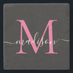 Porta-copo De Pedra Nome do Script Feminino do Monograma Preto Moderno<br><div class="desc">Magenta Negra Magenta Negra Magra Quente Monograma Scripts Femininos Nome Porta copos</div>