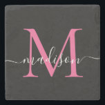 Porta-copo De Pedra Nome do Script Feminino do Monograma Rosa Preto Mo<br><div class="desc">Monograma Rosa Quente Magenta Preto Elegante Nome do Script Feminino Porta copos de Pedra</div>