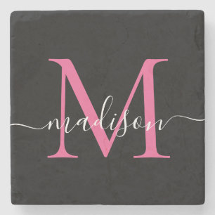 Porta-copo De Pedra Nome do Script Feminino do Monograma Rosa Preto Mo