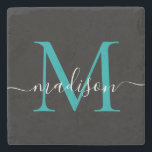 Porta-copo De Pedra Nome do Script Feminino do Monograma Verde de Teal<br><div class="desc">Elegante Moderno Negro Teal Aqua Green Monograma Monograma Verde Nome do Script Feminino Porta copos</div>