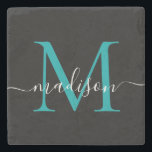 Porta-copo De Pedra Nome do Script Feminino do Monograma Verde de Teto<br><div class="desc">Elegante Moderno Negra Teal Aqua Green Monograma Monograma Verde Nome de Pedra Porta copos</div>