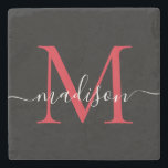 Porta-copo De Pedra Nome do Script Feminino do Monograma Vermelho Negr<br><div class="desc">Elegante Vermelho Vermelho Vermelho Borgona Monograma Monograma Escrito Feminino Nome Porta copos</div>