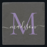 Porta-copo De Pedra Nome do Script Feminino do Monograma Violeta Roxo<br><div class="desc">Moderna Elegante,  preto,  violeta monograma,  escritura feminina,  nome Porta copos</div>