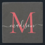 Porta-copo De Pedra Nome Feminino do Monograma Vermelho Negro Monogram<br><div class="desc">Elegante Black Red Burgundy Monograma Monograma Feminino Nome do Roteiro Porta copos</div>