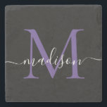 Porta-copo De Pedra Nome Feminino do Monograma Violeta Roxo Preto<br><div class="desc">Moderno Elegante Monograma Violeta Preto Roxo Monograma Feminino Nome do Script Pedra Porta copos</div>