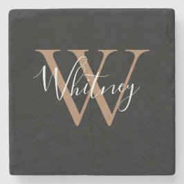 Porta-copo De Pedra Nome Monograma Chic Script Preto Dourado