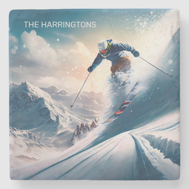 Porta-copo De Pedra Nome Personalizado - esquiador Mountain (Frente)