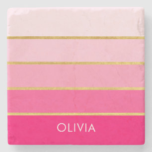 Porta-copo De Pedra Nome Personalizado Rosa Brilhante e Dourado