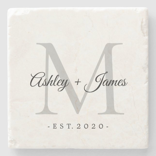 Porta-copo De Pedra Nomes Data de Casamento Chic Silver Monograma Scri (Frente)
