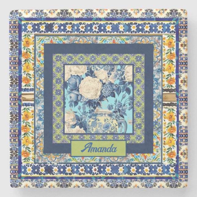 Porta-copo De Pedra Nota de monograma elegante de azulejo azul floral (Frente)