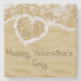 Porta-copo De Pedra "O coração dos namorados felizes" escrito na areia