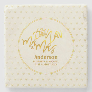 Porta-copo De Pedra O Novo Sr. e Sra. (name.date,) Dourados Corações d