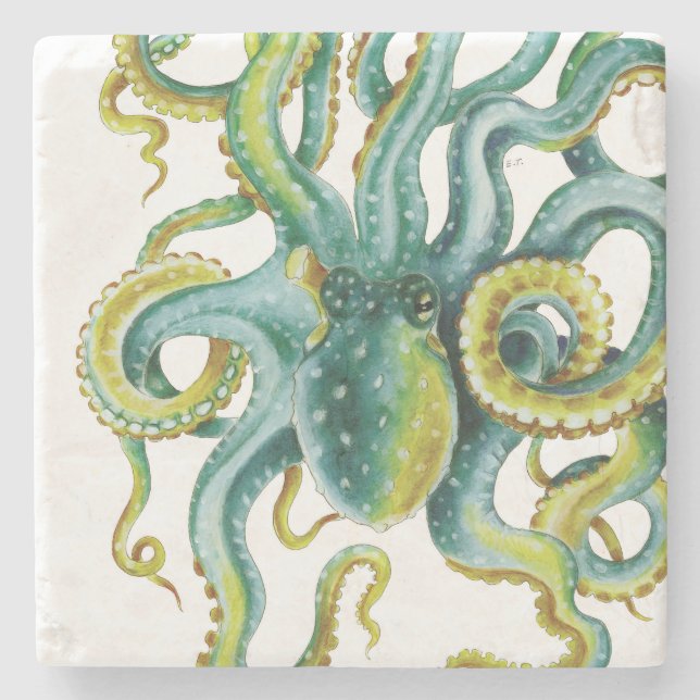 Porta-copo De Pedra Octopus Blue Watercolor Art (Frente)