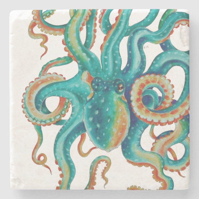 Porta-copo De Pedra Octopus Teal Watercolor Art (Frente)