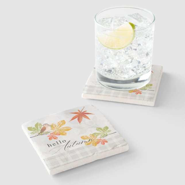 Porta-copo De Pedra Olá outono com aves e folhas de outono (Lateral)