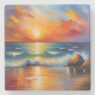 Porta-copo De Pedra Óleo Pintura do pôr do sol laranja sobre o oceano