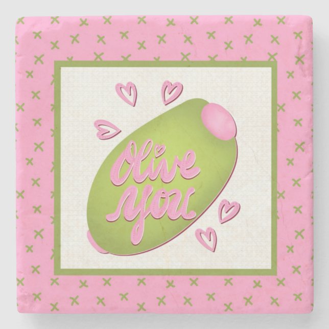 Porta-copo De Pedra Olive Me Loves Olive You Retro Pink Olive Pattern (Frente)