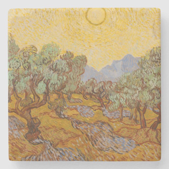 Porta-copo De Pedra Oliveiras de Van Gogh Sol Amarelo Céu (Frente)