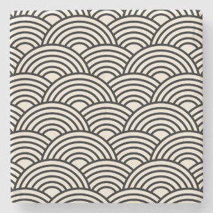 Porta-copo De Pedra Onda Japonesa Seigaiha Preta E Creme Branco