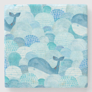 Porta-copo De Pedra Ondas, baleia, textura azul infantil