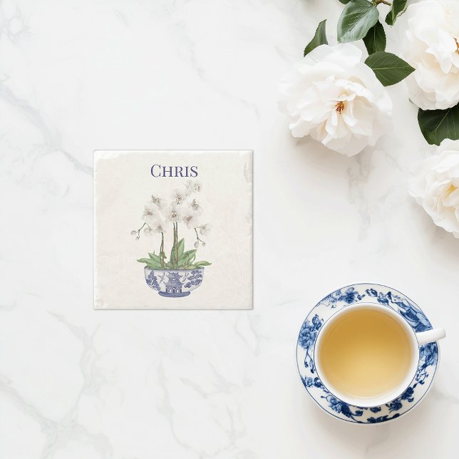 Porta-copo De Pedra Orquídea Branca em Chinoiserie Bowl (personalized white orchid chinoiserie stone coaster custom name)